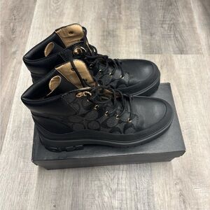 Coach Black and Gold Signature Leather Hiker Boots